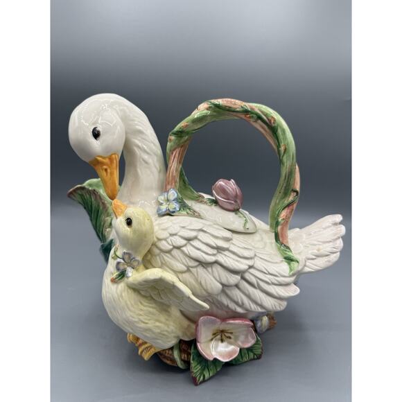 Fitz & Floyd Classics Duck Goose Teapot Mother & Baby Floral Ceramic 10” - Picture 1 of 9